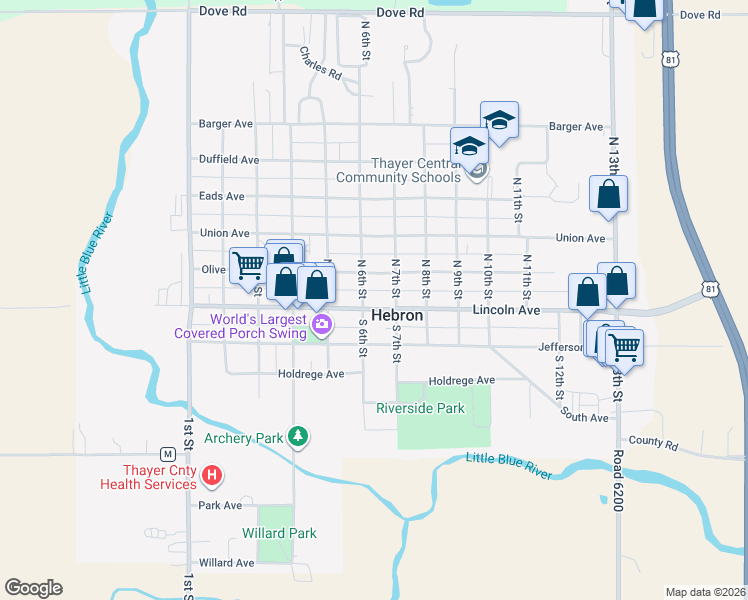 map of restaurants, bars, coffee shops, grocery stores, and more near 620 Lincoln Avenue in Hebron