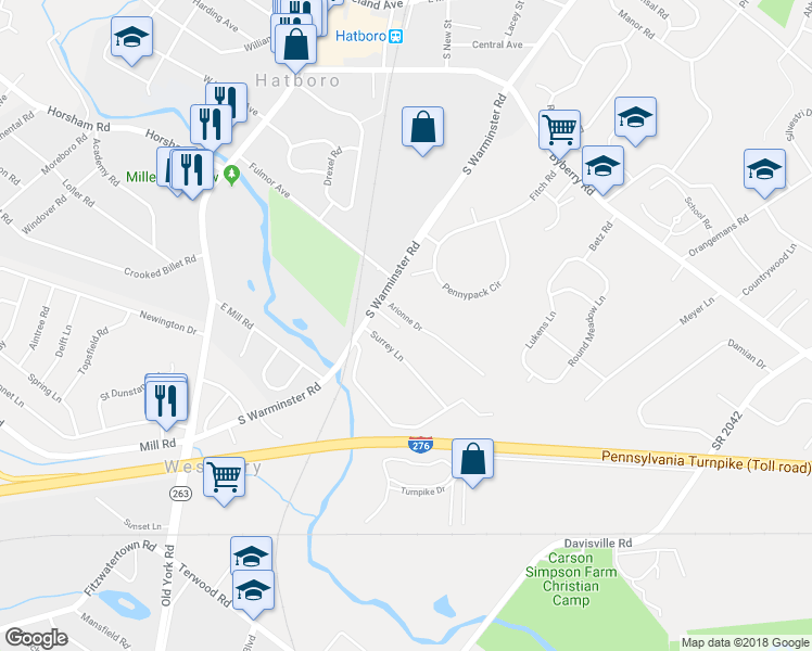 map of restaurants, bars, coffee shops, grocery stores, and more near 103 Lori Lane in Hatboro
