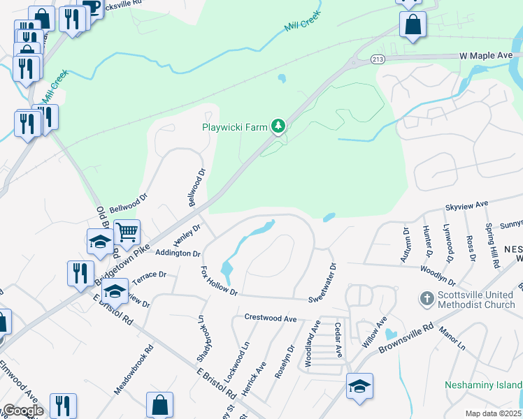 map of restaurants, bars, coffee shops, grocery stores, and more near 415 Fox Hollow Drive in Bucks County