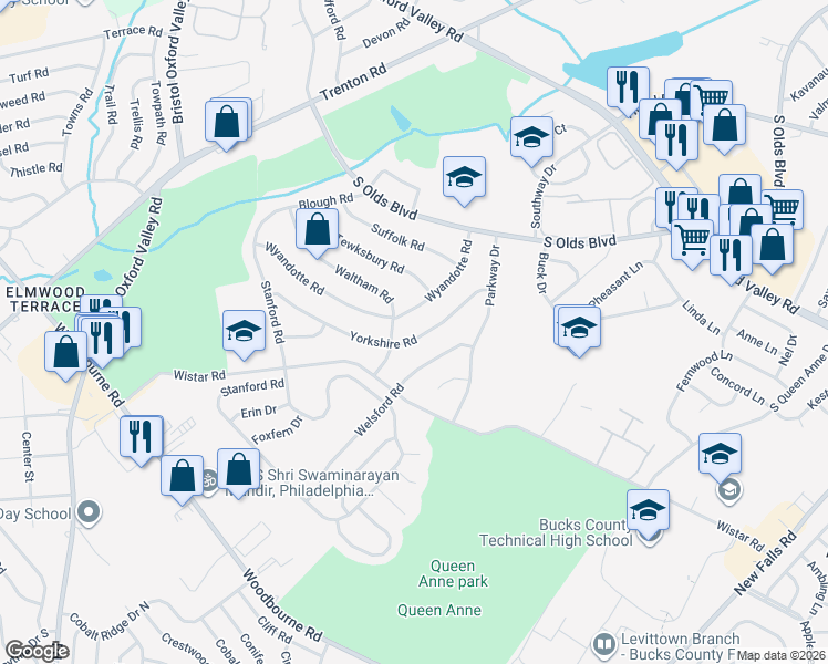 map of restaurants, bars, coffee shops, grocery stores, and more near 257 Yorkshire Road in Fairless Hills