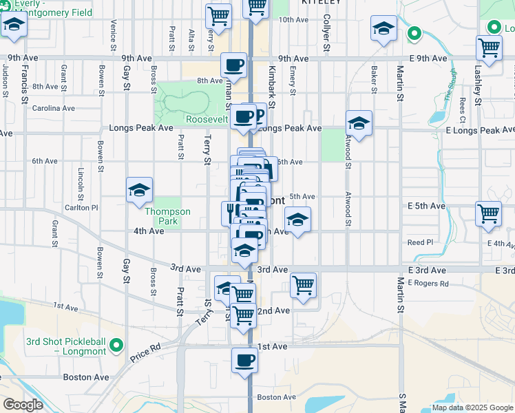 map of restaurants, bars, coffee shops, grocery stores, and more near in Longmont