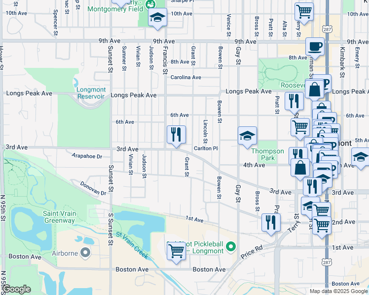 map of restaurants, bars, coffee shops, grocery stores, and more near 303 Sherman Street in Longmont