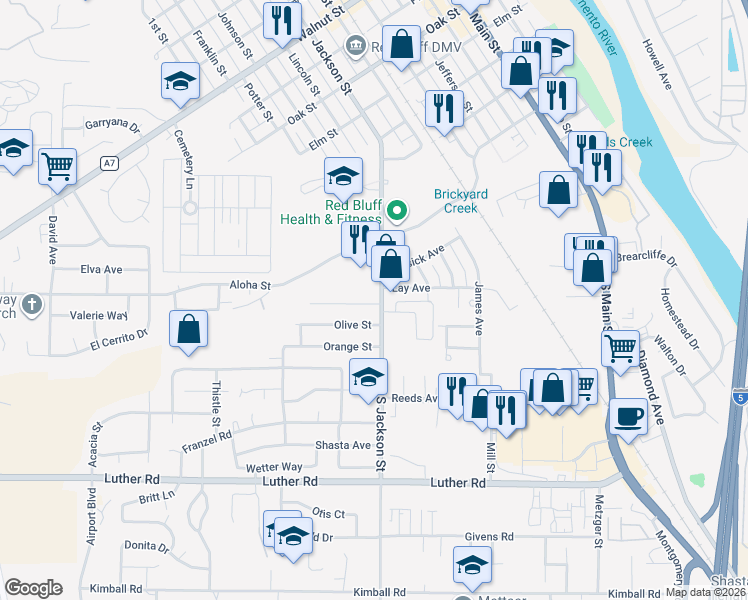 map of restaurants, bars, coffee shops, grocery stores, and more near 224 South Jackson Street in Red Bluff