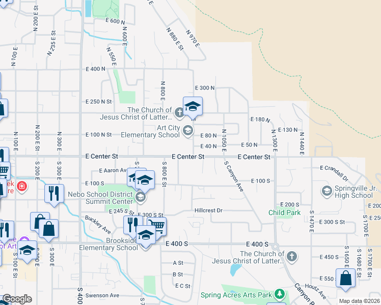 map of restaurants, bars, coffee shops, grocery stores, and more near 895 East Center Street in Springville