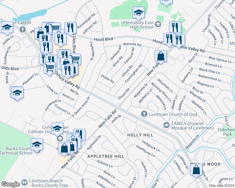 map of restaurants, bars, coffee shops, grocery stores, and more near 548 Cassingham Road in Fairless Hills