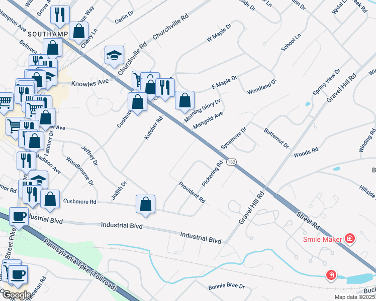 map of restaurants, bars, coffee shops, grocery stores, and more near 681 Provident Road in Bucks County