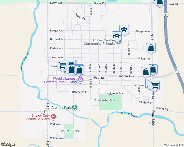 map of restaurants, bars, coffee shops, grocery stores, and more near 620 Lincoln Avenue in Hebron