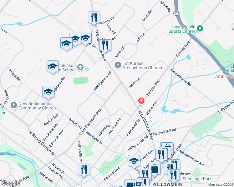 map of restaurants, bars, coffee shops, grocery stores, and more near 290 North Bethlehem Pike in Ambler