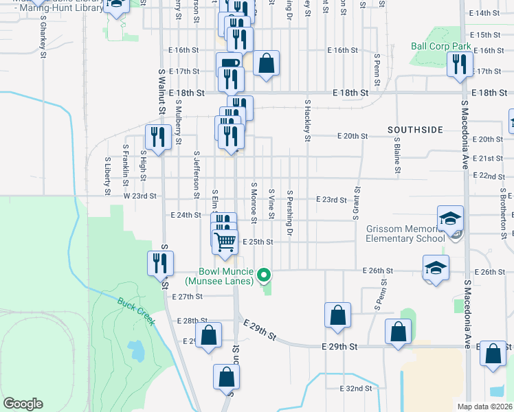 map of restaurants, bars, coffee shops, grocery stores, and more near 3004 South Monroe Street in Muncie