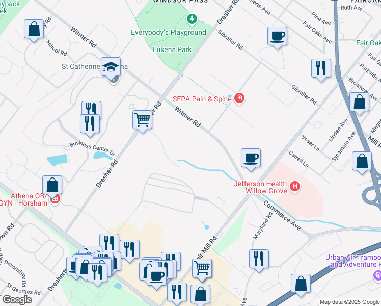 map of restaurants, bars, coffee shops, grocery stores, and more near 5 Walnut Grove Drive in Horsham