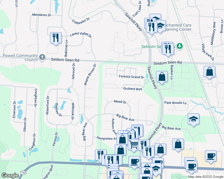 map of restaurants, bars, coffee shops, grocery stores, and more near 3615 Orchard Way in Powell