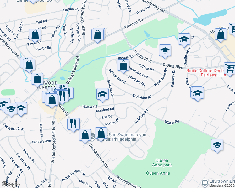 map of restaurants, bars, coffee shops, grocery stores, and more near 205 Yorkshire Lane in Fairless Hills