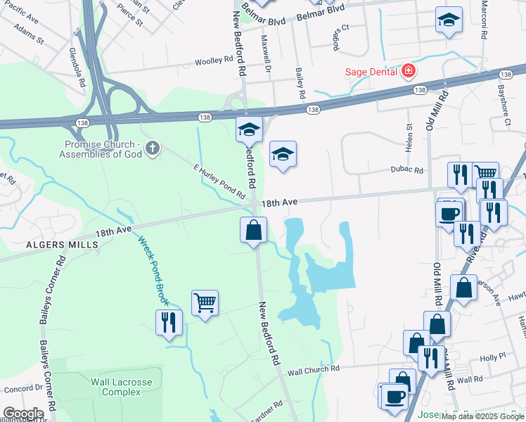 map of restaurants, bars, coffee shops, grocery stores, and more near 1635 18th Avenue in Wall Township