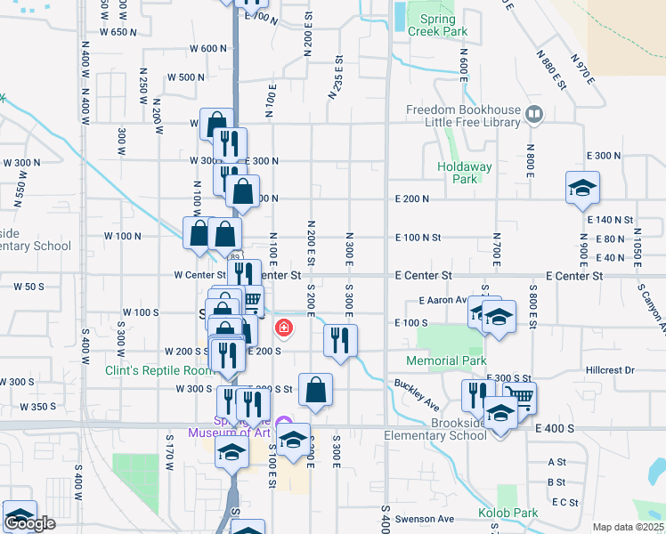 map of restaurants, bars, coffee shops, grocery stores, and more near 261 East Center Street in Springville