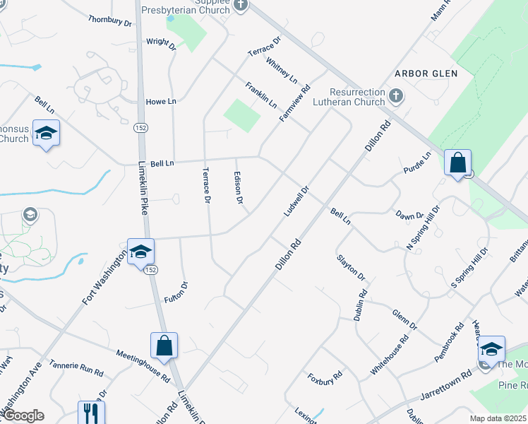 map of restaurants, bars, coffee shops, grocery stores, and more near 1657 Fort Washington Avenue in Maple Glen