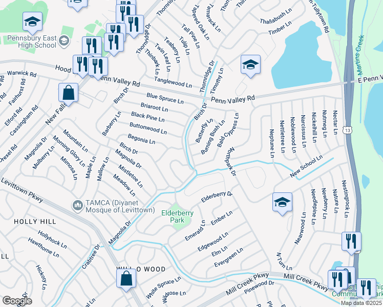 map of restaurants, bars, coffee shops, grocery stores, and more near 1 Burning Bush Lane in Levittown