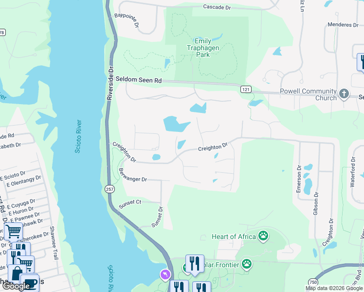 map of restaurants, bars, coffee shops, grocery stores, and more near 8669 Creighton Drive in Powell