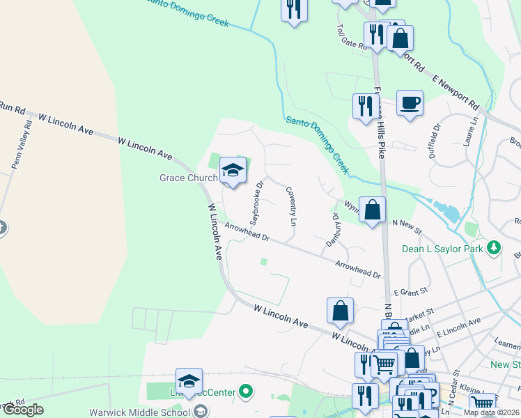 map of restaurants, bars, coffee shops, grocery stores, and more near 115 Saybrooke Drive in Lititz
