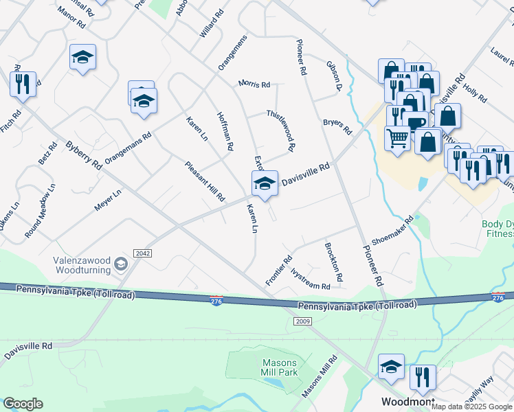 map of restaurants, bars, coffee shops, grocery stores, and more near 2430 Karen Lane in Hatboro