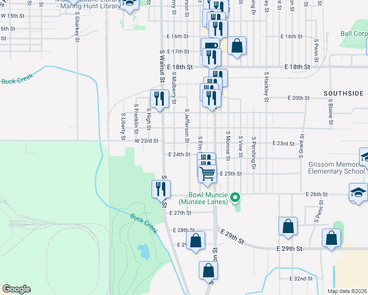 map of restaurants, bars, coffee shops, grocery stores, and more near 3005 South Jefferson Street in Muncie