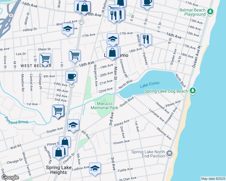 map of restaurants, bars, coffee shops, grocery stores, and more near 705 22nd Avenue in Lake Como