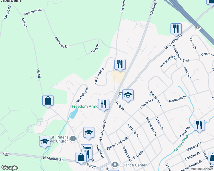 map of restaurants, bars, coffee shops, grocery stores, and more near 450 Rockwood Drive in Elizabethtown
