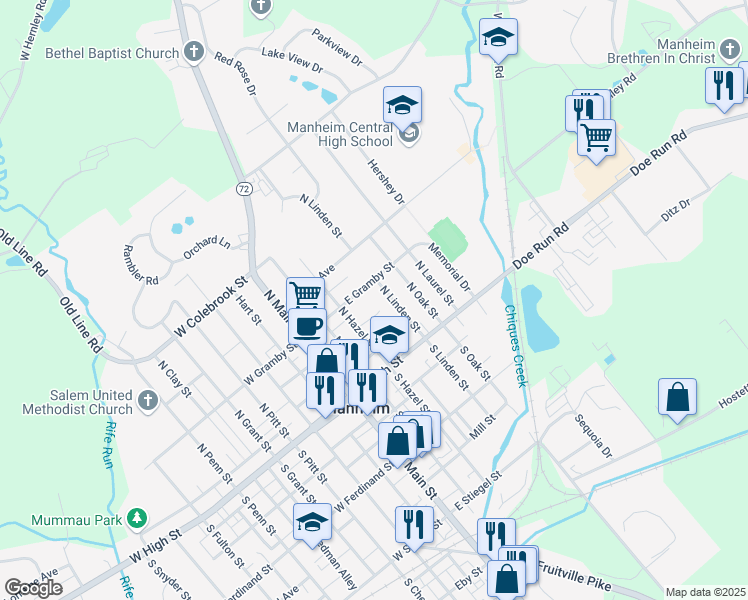 map of restaurants, bars, coffee shops, grocery stores, and more near 71 North Hazel Street in Manheim