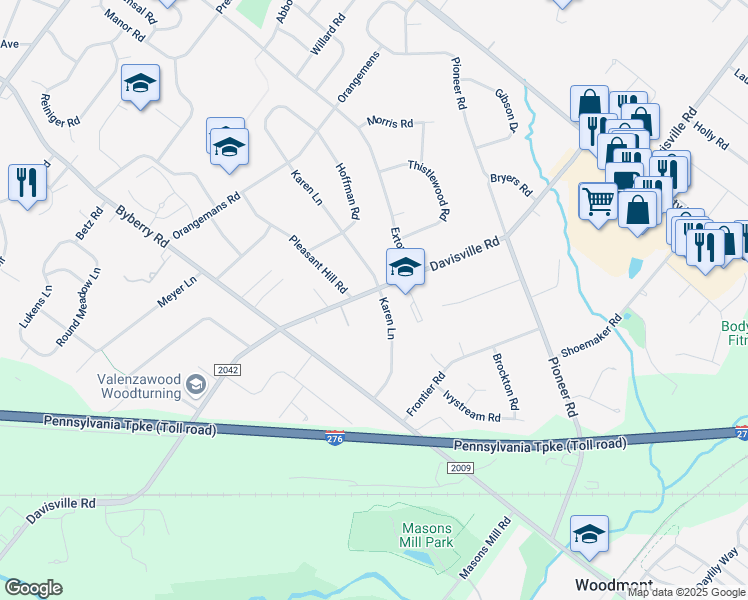 map of restaurants, bars, coffee shops, grocery stores, and more near 2430 Karen Lane in Hatboro