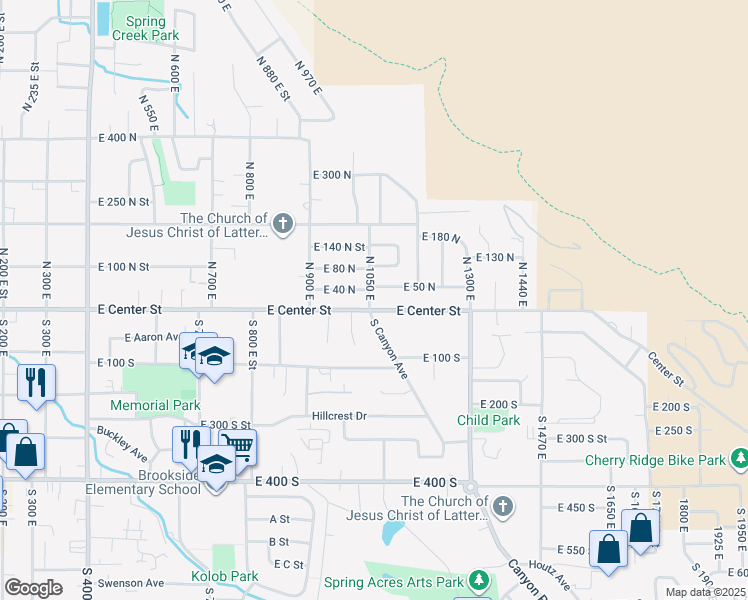 map of restaurants, bars, coffee shops, grocery stores, and more near 22 North 1050 East in Springville