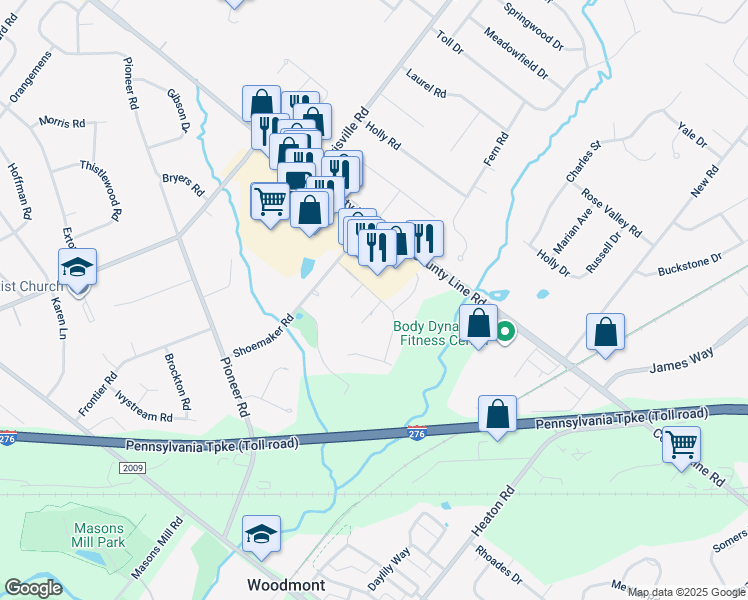 map of restaurants, bars, coffee shops, grocery stores, and more near 1001 Gum Place in Huntingdon Valley