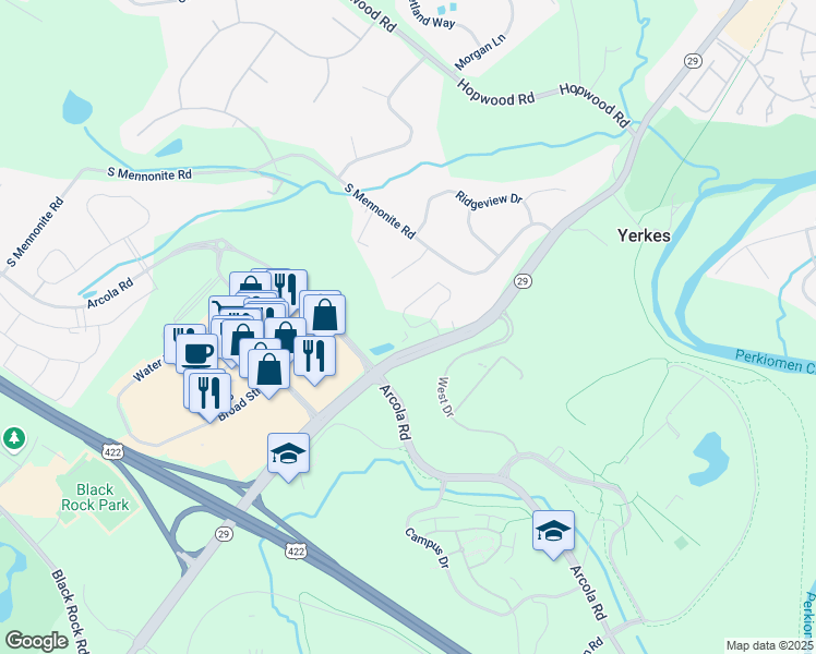 map of restaurants, bars, coffee shops, grocery stores, and more near 1415 S Collegeville Rd in Collegeville