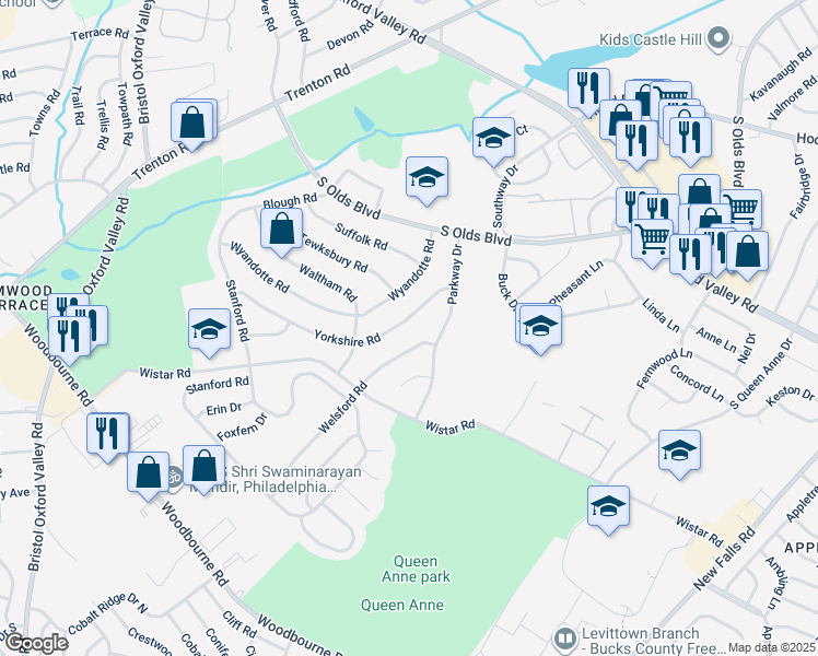 map of restaurants, bars, coffee shops, grocery stores, and more near 266 Yorkshire Road in Fairless Hills