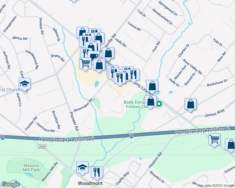 map of restaurants, bars, coffee shops, grocery stores, and more near 1001 Gum Place in Huntingdon Valley