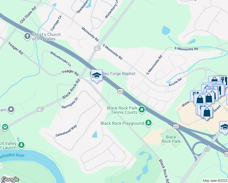 map of restaurants, bars, coffee shops, grocery stores, and more near 1380 Black Rock Road in Phoenixville
