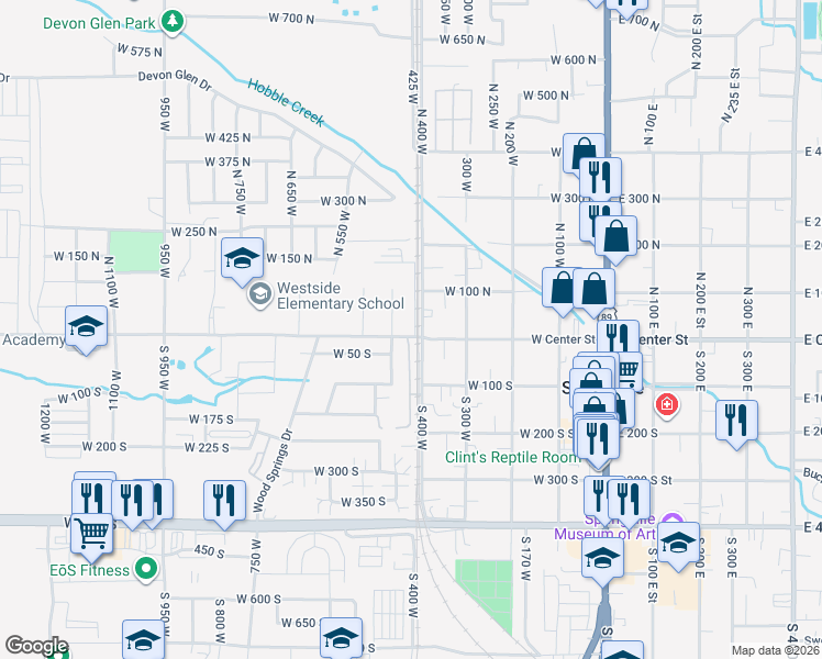 map of restaurants, bars, coffee shops, grocery stores, and more near 410 West Center Street in Springville