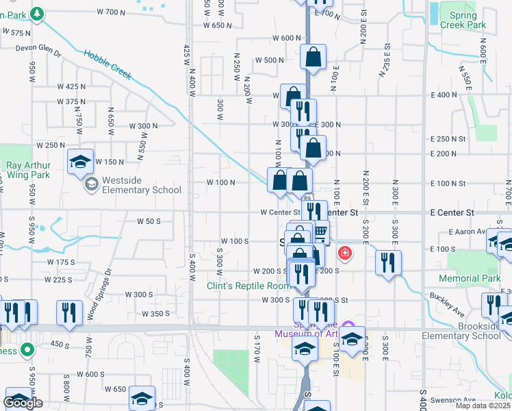 map of restaurants, bars, coffee shops, grocery stores, and more near 188 West Center Street in Springville