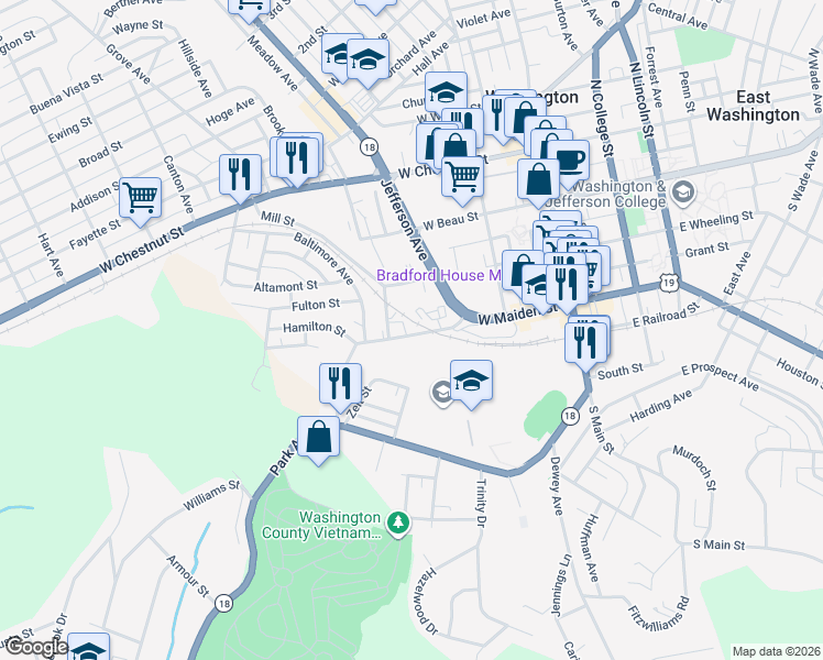 map of restaurants, bars, coffee shops, grocery stores, and more near 301 West Maiden Street in Washington