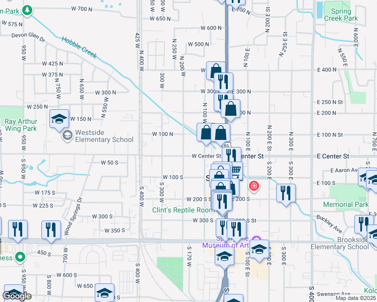 map of restaurants, bars, coffee shops, grocery stores, and more near 188 West Center Street in Springville