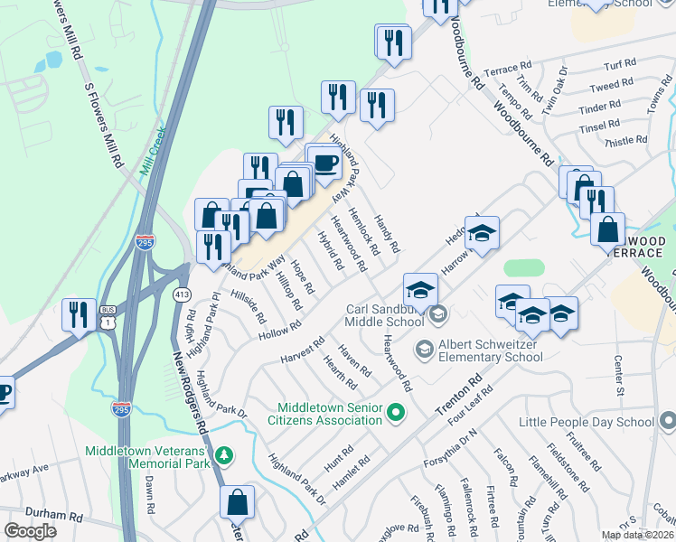 map of restaurants, bars, coffee shops, grocery stores, and more near 5 Hybrid Road in Levittown