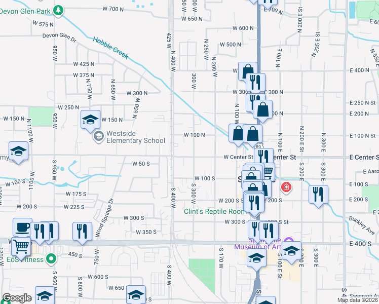 map of restaurants, bars, coffee shops, grocery stores, and more near 310 West Center Street in Springville