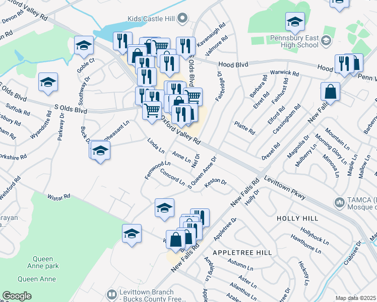 map of restaurants, bars, coffee shops, grocery stores, and more near 512 Nel Drive in Fairless Hills