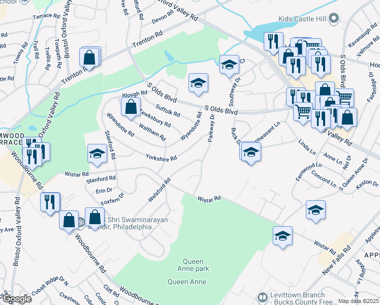 map of restaurants, bars, coffee shops, grocery stores, and more near 266 Yorkshire Road in Fairless Hills