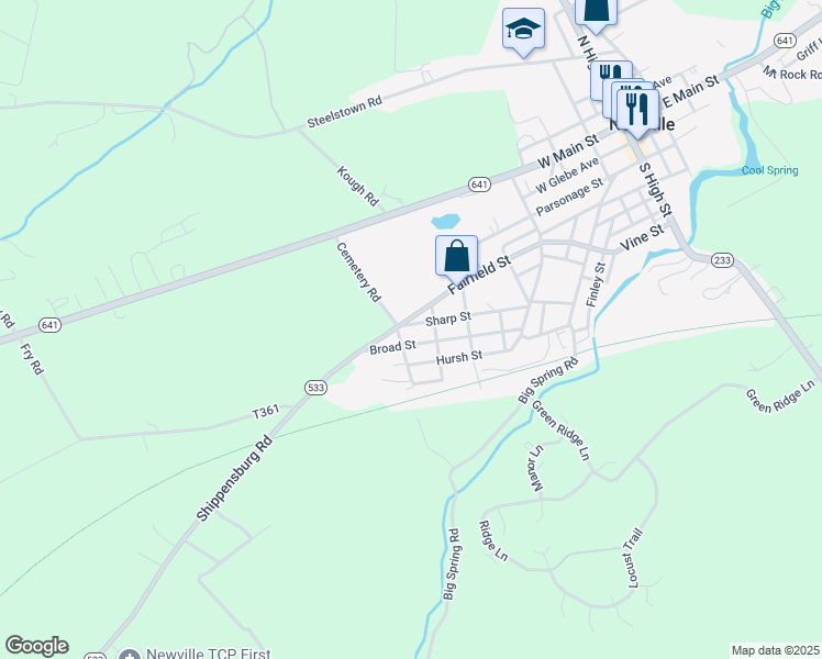 map of restaurants, bars, coffee shops, grocery stores, and more near 98 Broad Street in Newville