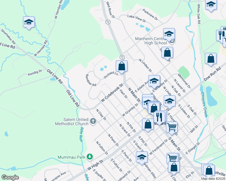 map of restaurants, bars, coffee shops, grocery stores, and more near 201 North Charlotte Street in Manheim