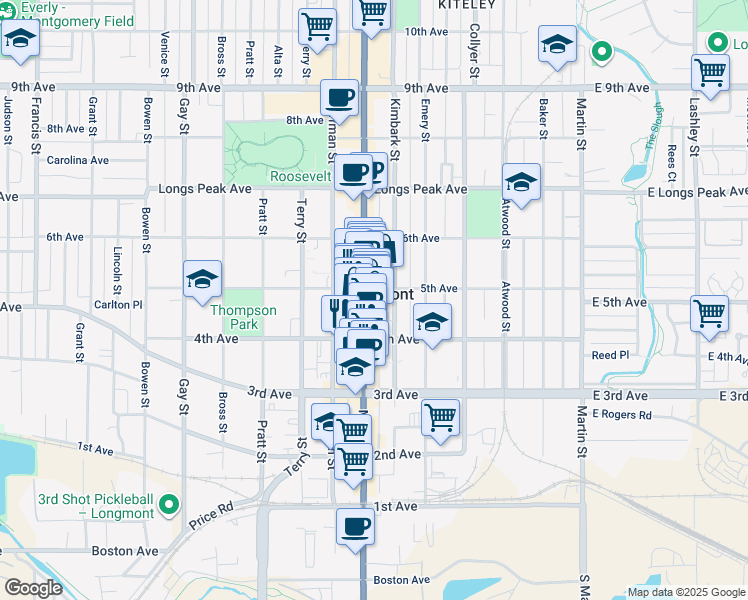 map of restaurants, bars, coffee shops, grocery stores, and more near in Longmont