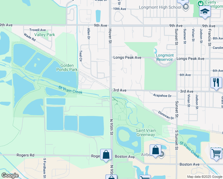 map of restaurants, bars, coffee shops, grocery stores, and more near 101 Sunset Street in Longmont