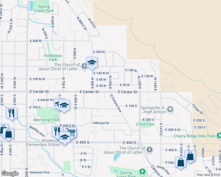 map of restaurants, bars, coffee shops, grocery stores, and more near 22 North 1050 East in Springville
