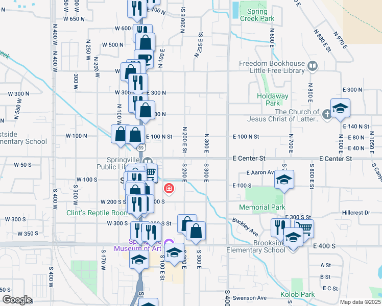 map of restaurants, bars, coffee shops, grocery stores, and more near 261 East Center Street in Springville