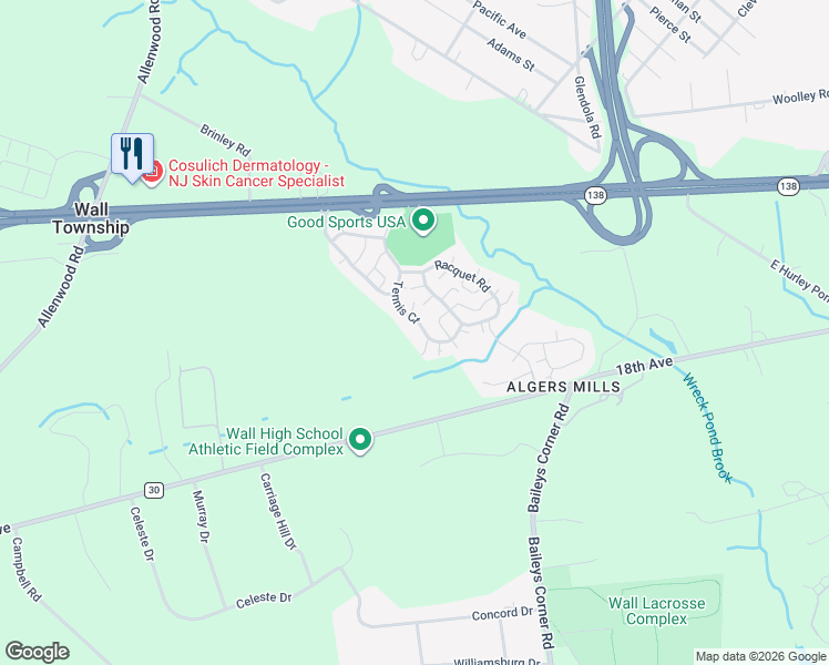 map of restaurants, bars, coffee shops, grocery stores, and more near 198 Tennis Court in Monmouth County