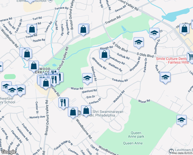 map of restaurants, bars, coffee shops, grocery stores, and more near 205 Yorkshire Lane in Fairless Hills